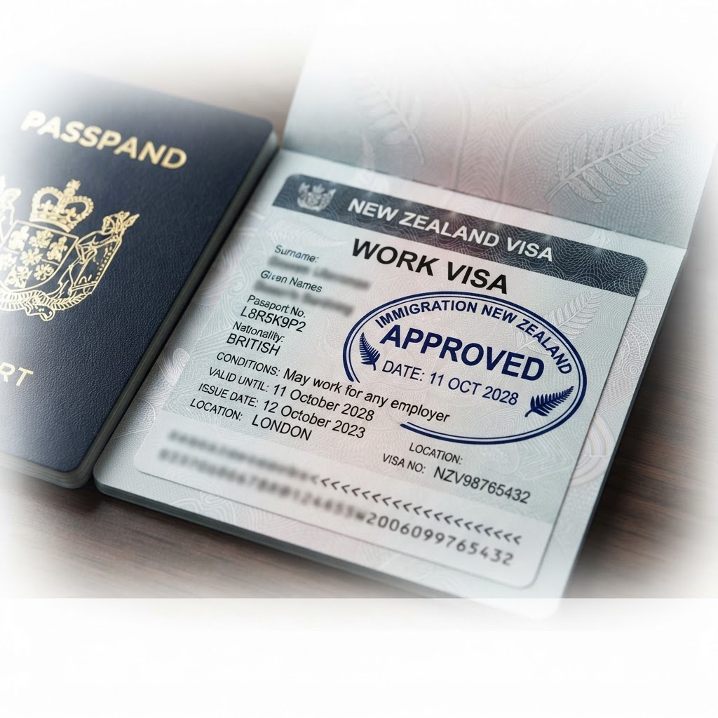 New Zealand work visa approval stamp on official document